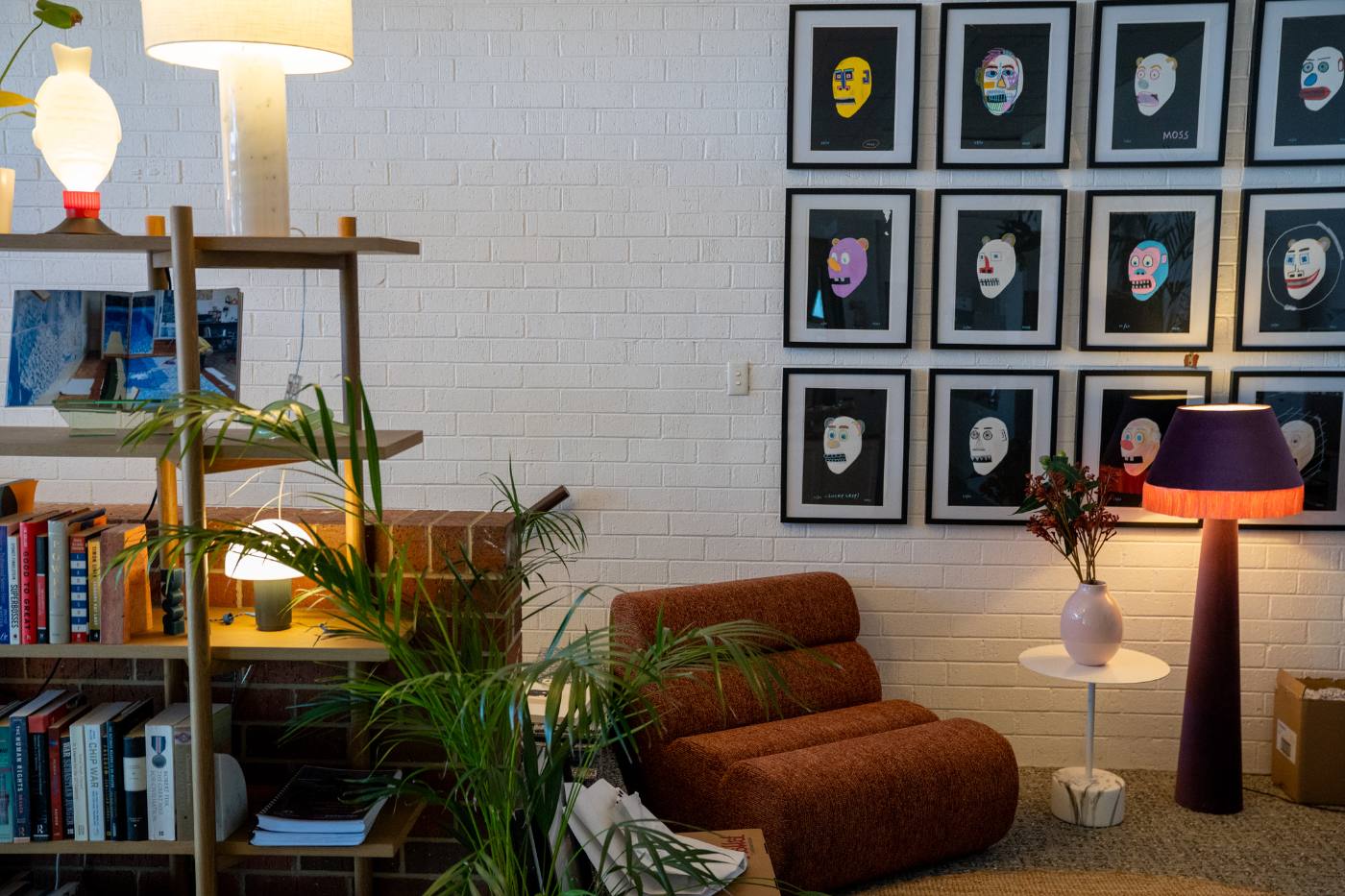 Bookshelves and desks in the open workspace